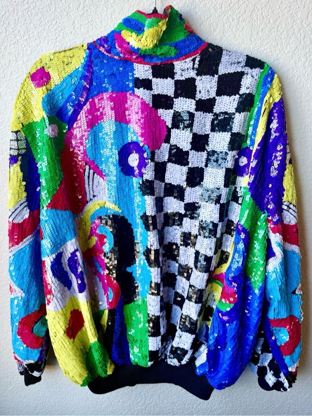 Vintage Gantos Sequin Abstract Checkered Bomber Jacket - Multicolor XXL - Picture 7 of 16